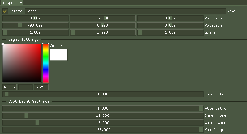 The Inspector window, showing the settings of a Spot Light.
