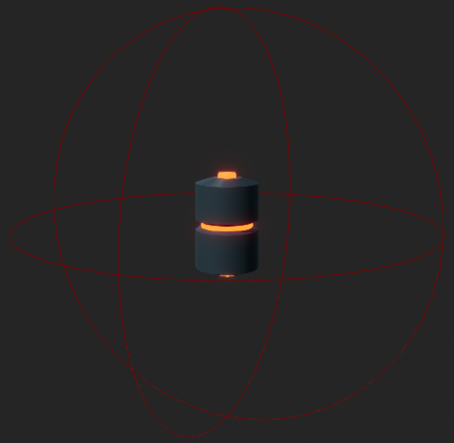 An explosive barrel, along with it's damage radius, shown by the sphere.